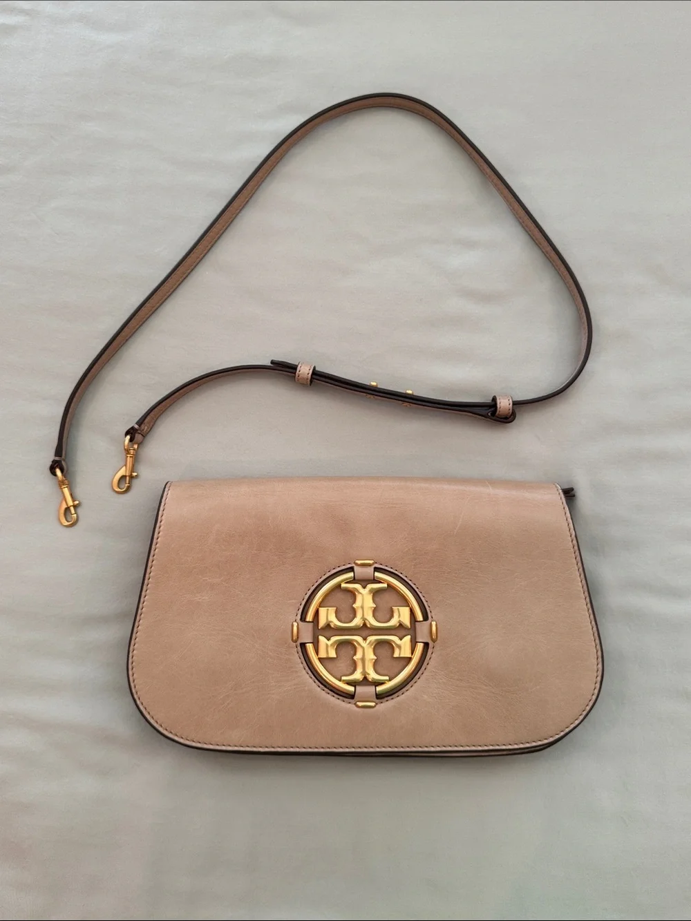 Tory Burch Taupe Miller Leather Bag with Gold Logo